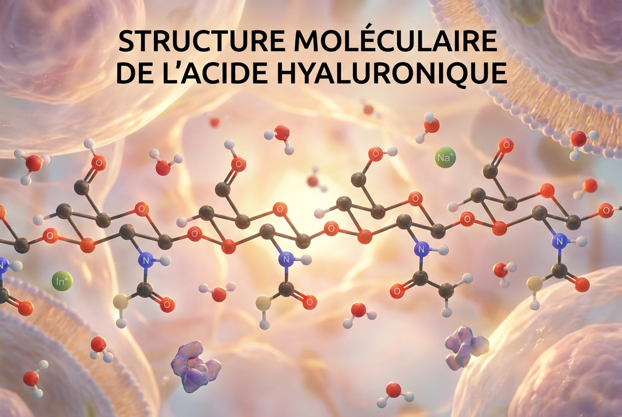 Structure moléculaire de l'acide hyaluronique dans un environnement biologique lumineux
